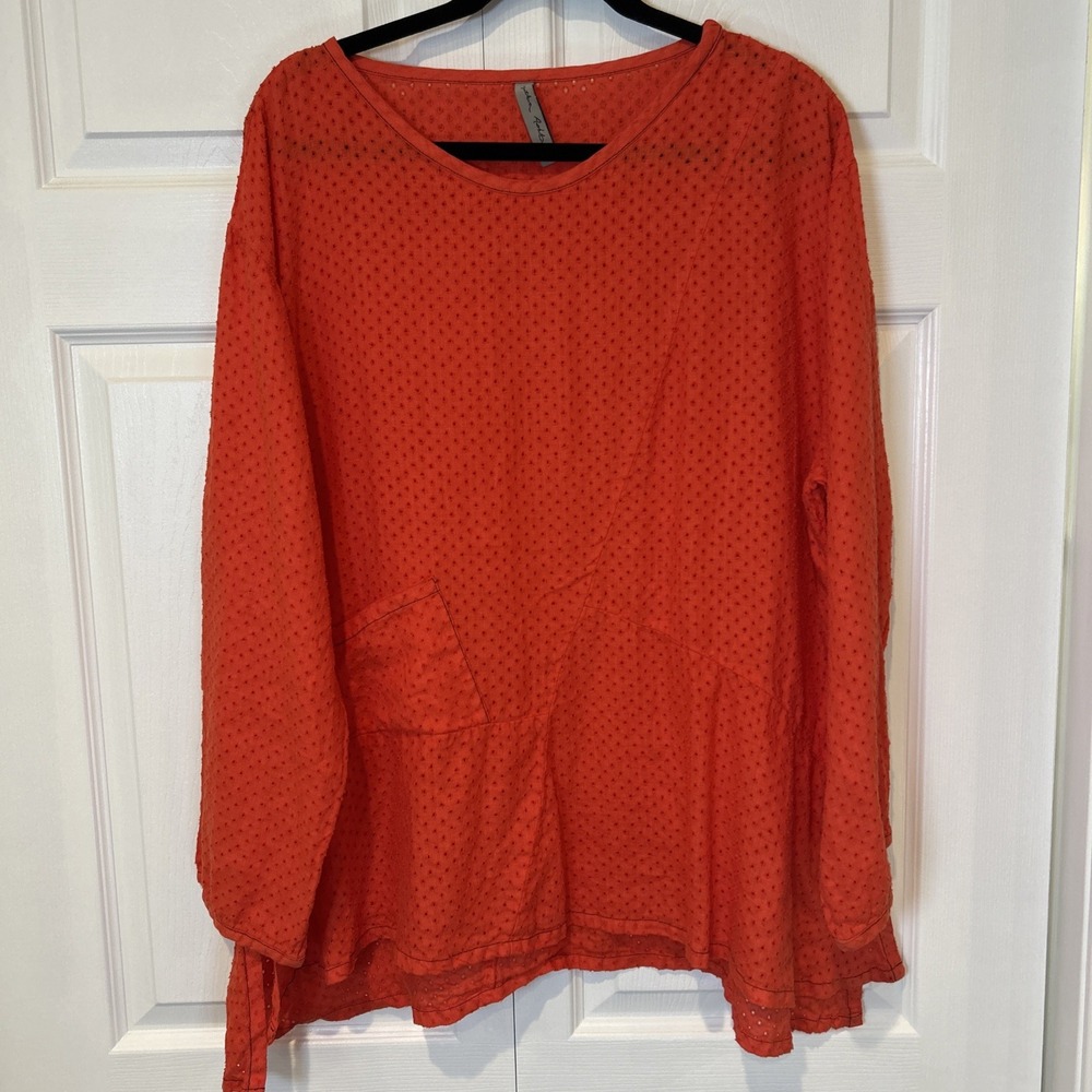 Cynthia Ashby 2X Red Linen Tunic Top Eyelet Oversized Lagenlook Scandi Girl - Picture 2 of 8